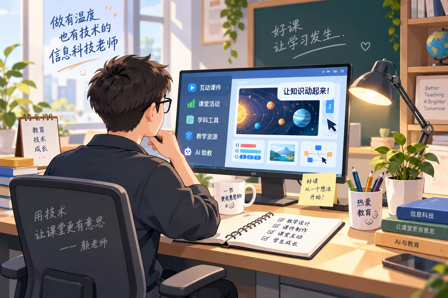 颜老师在工作室设计互动课件的插画