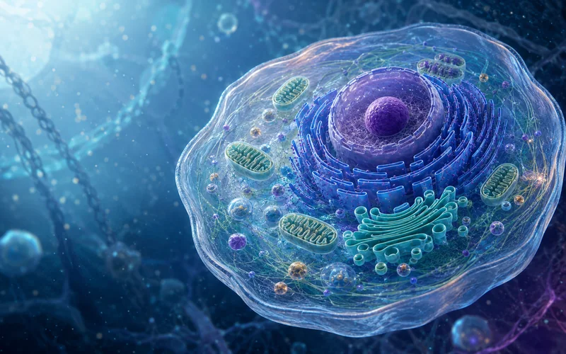 细胞核、内质网、线粒体与高尔基体组成的生物三维教学主视觉