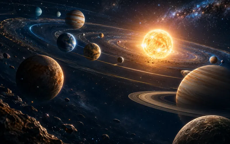 太阳、八大行星与发光轨道构成的太阳系漫游主视觉